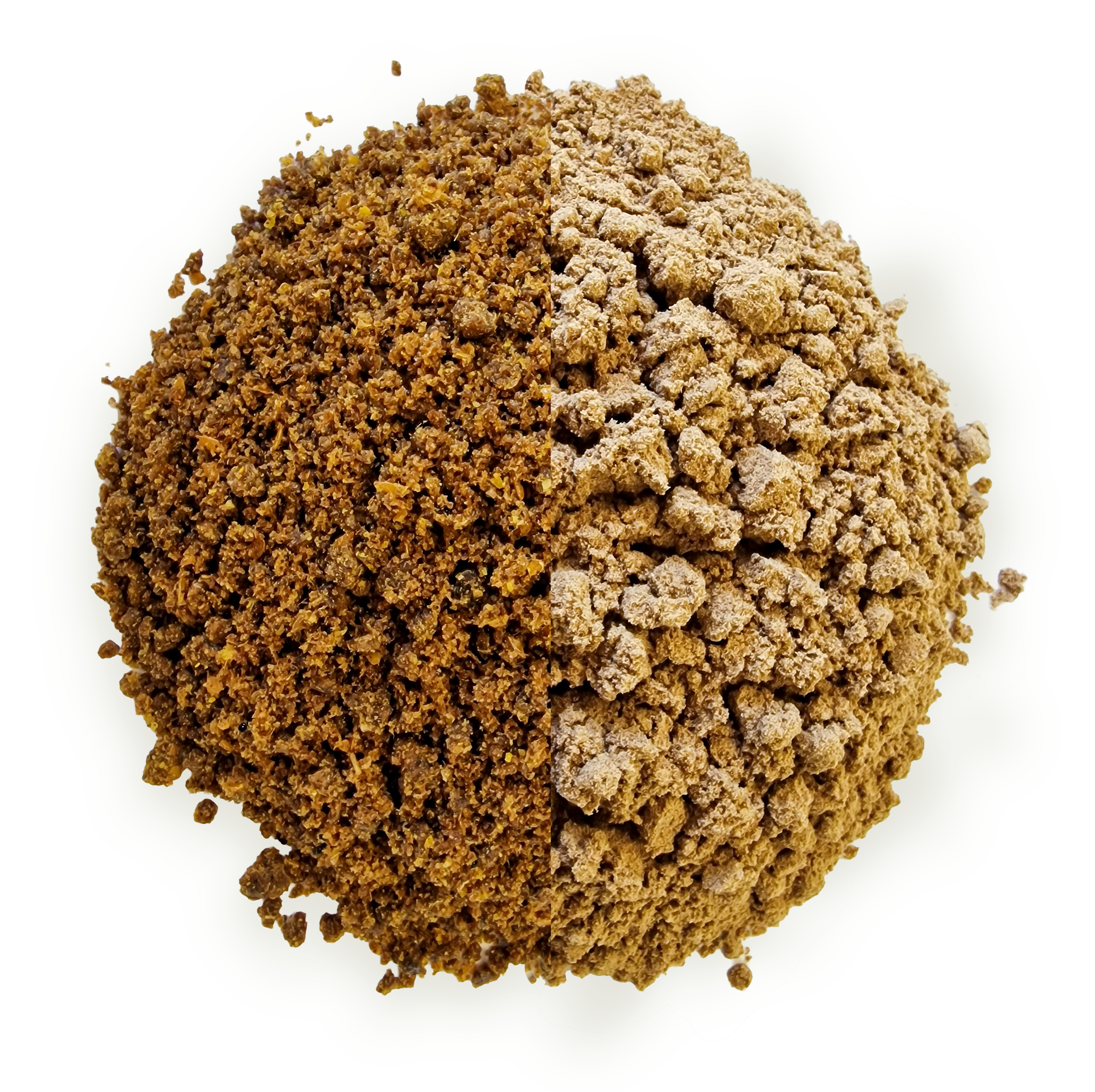 Two pet food ingredients with distinct textures: one nutritional and one texturizing.